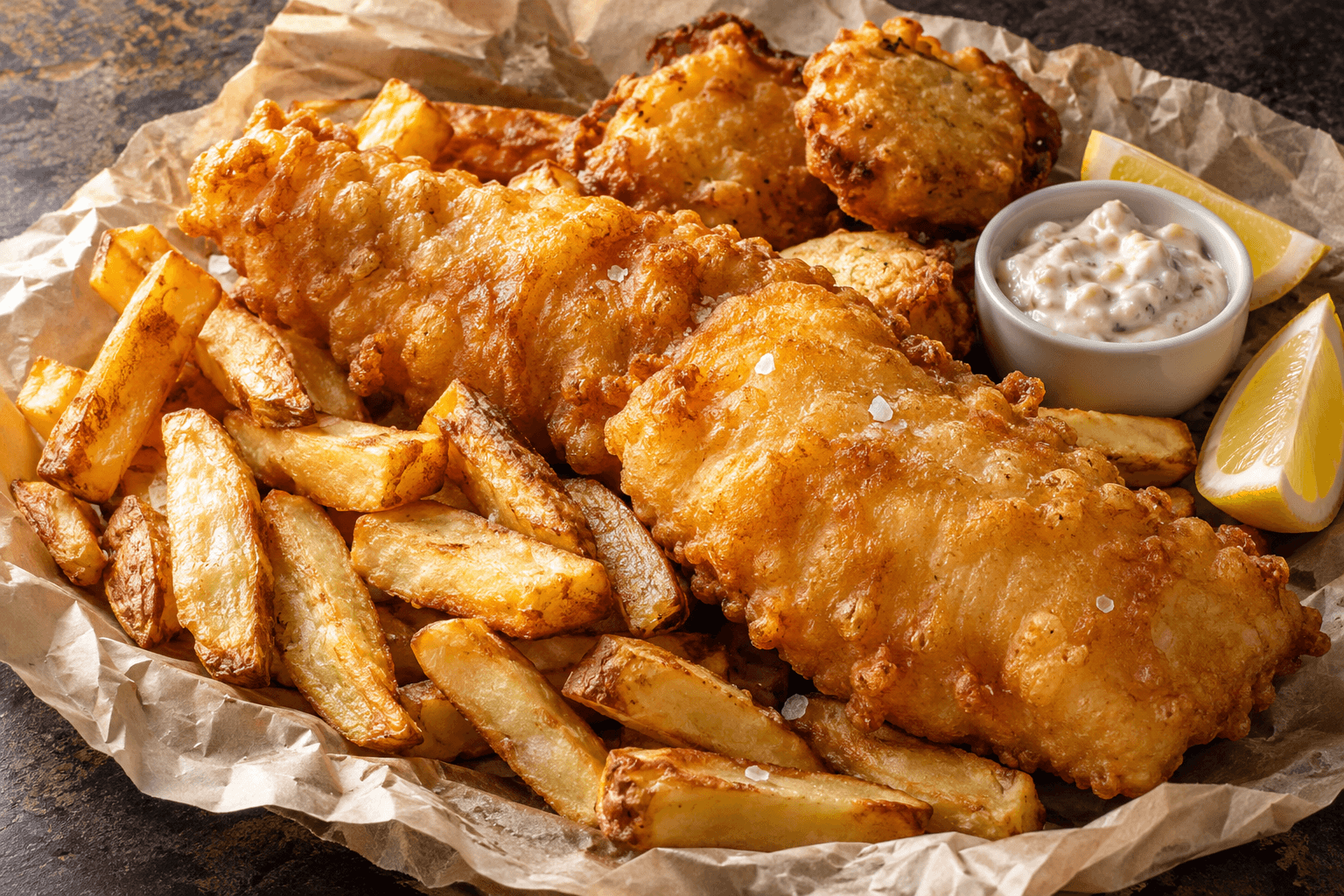 A takeaway fish and chips meal